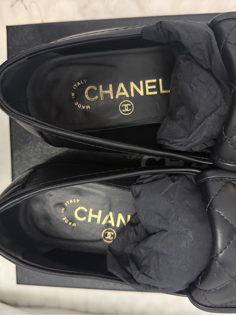 CHANEL Black Quilted Leather Loafers with Gold CC - Picture 3 of 7